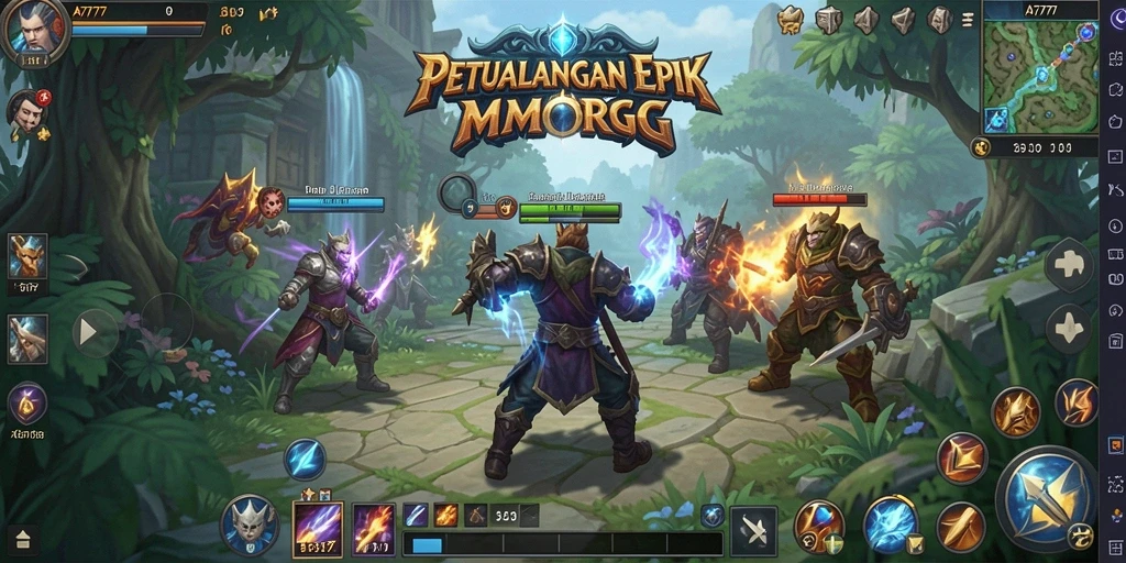 Tangkapan layar utama A7777 menampilkan aksi pertarungan epik dalam permainan MMORPG.
