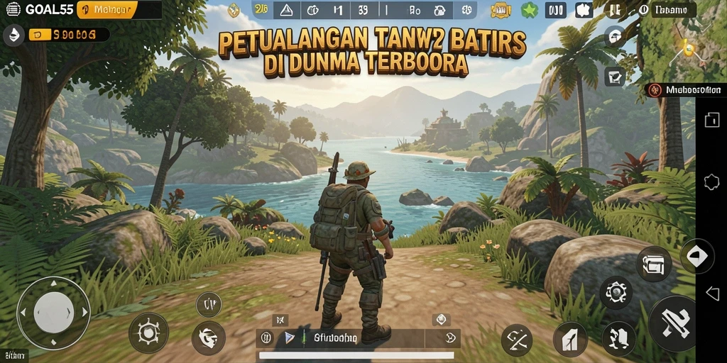 Screenshot utama GOAL55 menampilkan petualangan eksplorasi dunia terbuka.