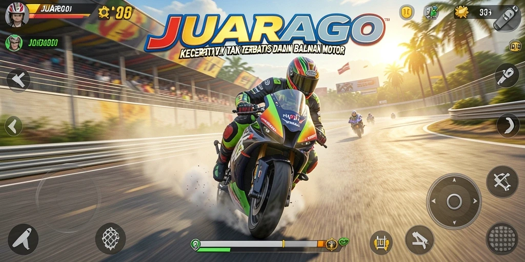 Tangkapan layar JUARAGO menampilkan aksi seru balapan motor.