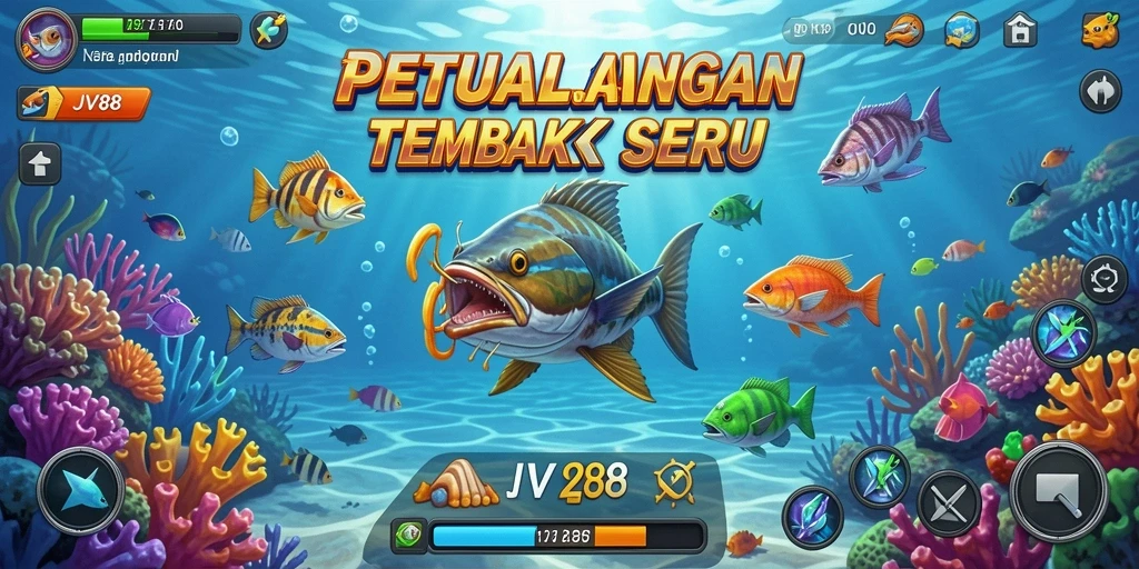 Tampilan gameplay JV88 yang penuh warna dan menarik saat menangkap ikan.