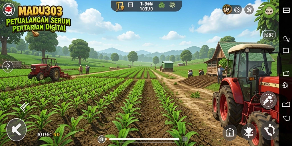 Screenshot gameplay MADU303 yang menampilkan ladang yang subur dan hewan peliharaan.