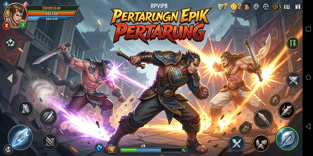Screenshot RPVIP8 menampilkan pertarungan yang mendebarkan dan karakter yang energik.
